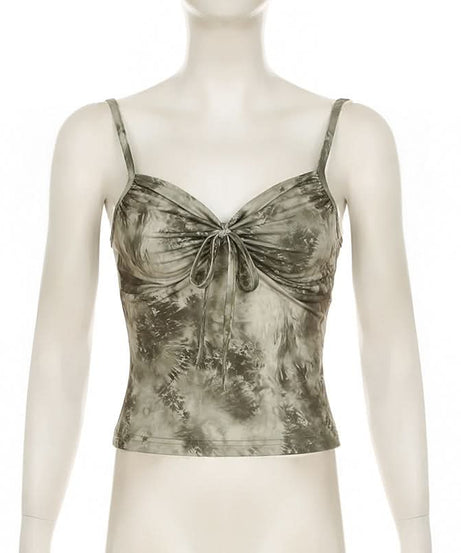 Effortless Chic Sage Tie-Dye Ruched Cami Top - Backless & Ready for Fall