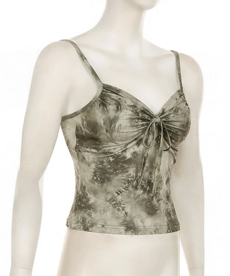 Effortless Chic Sage Tie-Dye Ruched Cami Top - Backless & Ready for Fall