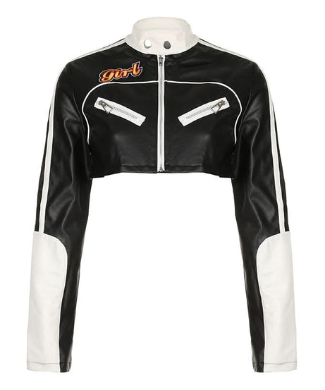Racer Girl Cropped Faux Leather Moto Jacket - Y2K Black & White Statement for Fall
