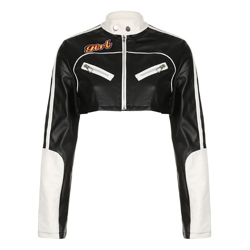 Racer Girl Cropped Faux Leather Moto Jacket - Y2K Black & White Statement for Fall