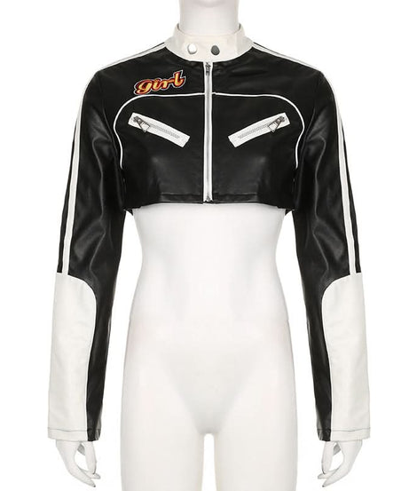 Racer Girl Cropped Faux Leather Moto Jacket - Y2K Black & White Statement for Fall
