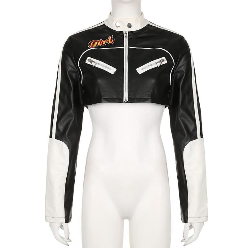 Racer Girl Cropped Faux Leather Moto Jacket - Y2K Black & White Statement for Fall