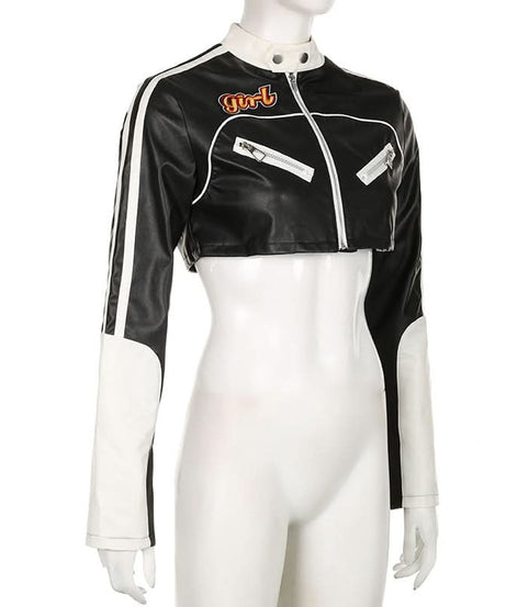 Racer Girl Cropped Faux Leather Moto Jacket - Y2K Black & White Statement for Fall