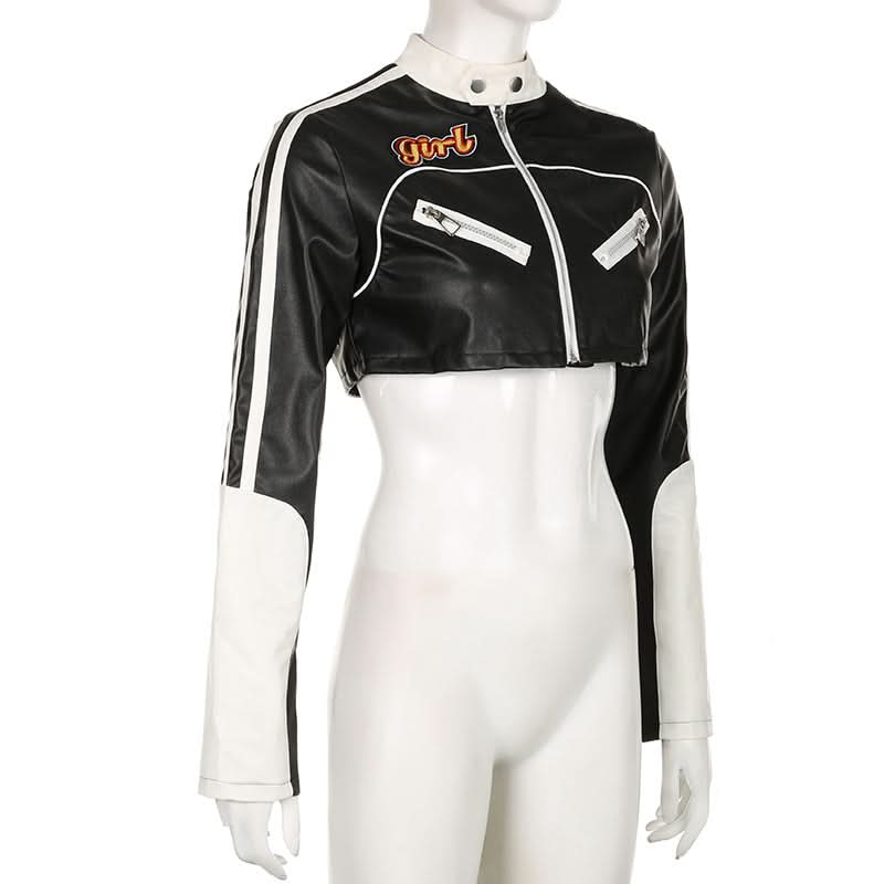 Racer Girl Cropped Faux Leather Moto Jacket - Y2K Black & White Statement for Fall