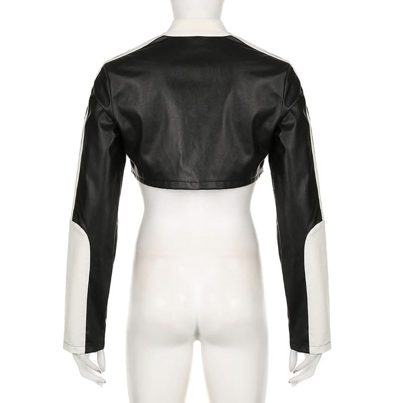 Racer Girl Cropped Faux Leather Moto Jacket - Y2K Black & White Statement for Fall