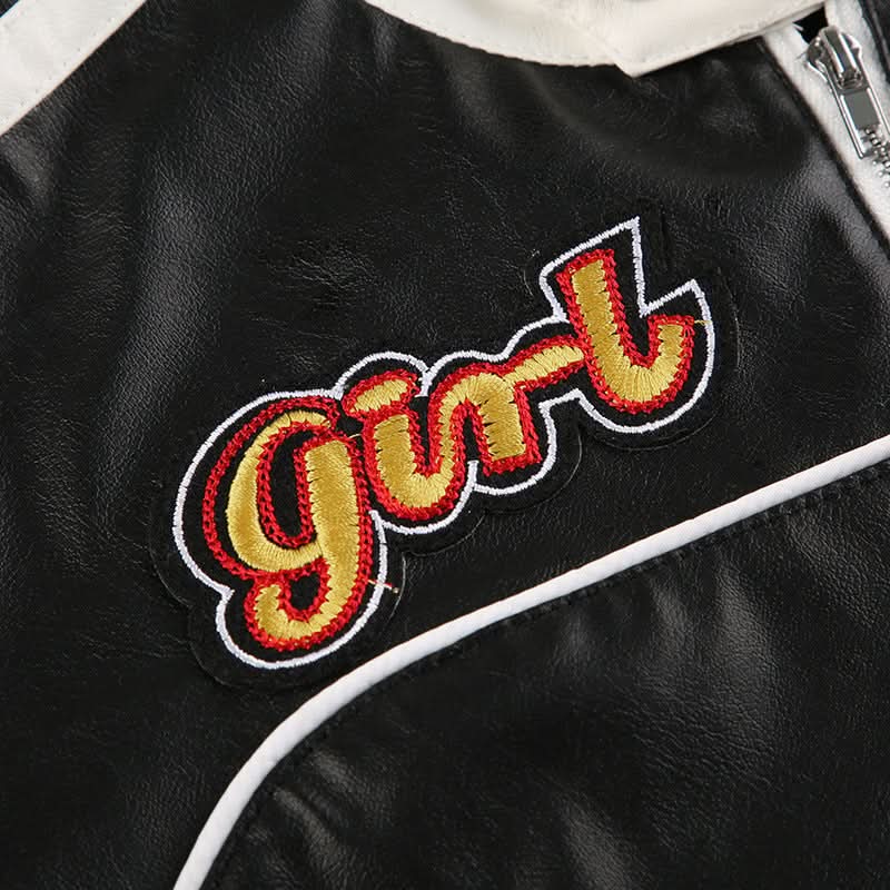 Racer Girl Cropped Faux Leather Moto Jacket - Y2K Black & White Statement for Fall