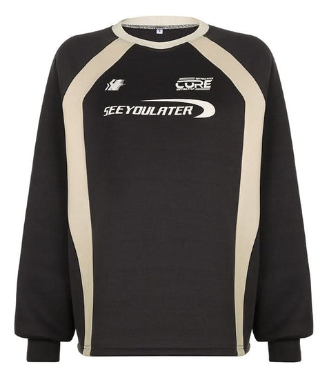 Cozy Fall Vibes: Women's 'SEE YOULATER' Graphic Athleisure Sweatshirt - Black & Burgundy Raglan Crewneck