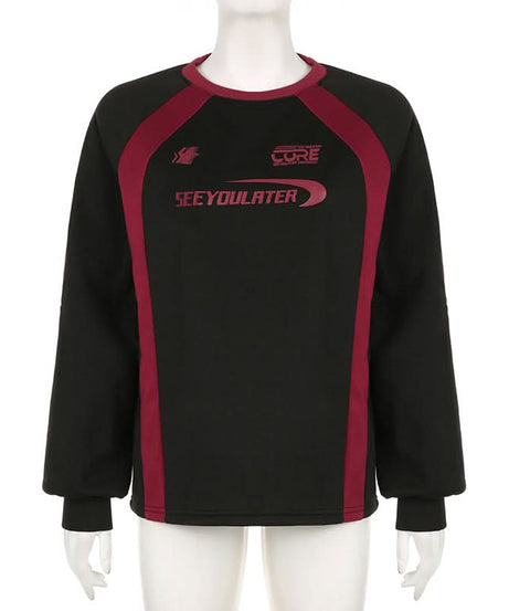 Cozy Fall Vibes: Women's 'SEE YOULATER' Graphic Athleisure Sweatshirt - Black & Burgundy Raglan Crewneck
