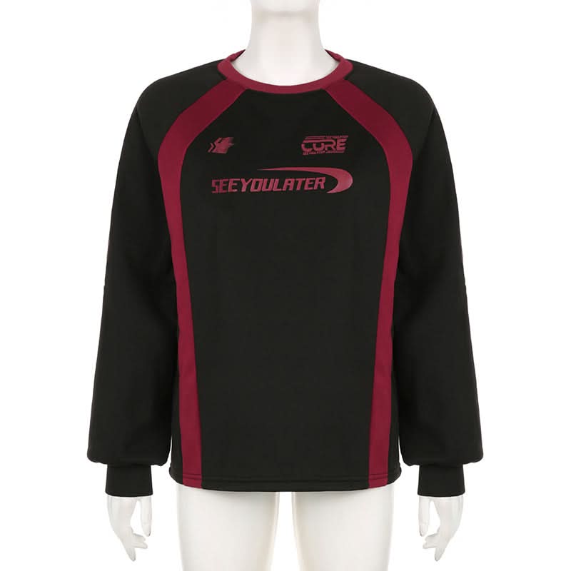 Cozy Fall Vibes: Women's 'SEE YOULATER' Graphic Athleisure Sweatshirt - Black & Burgundy Raglan Crewneck