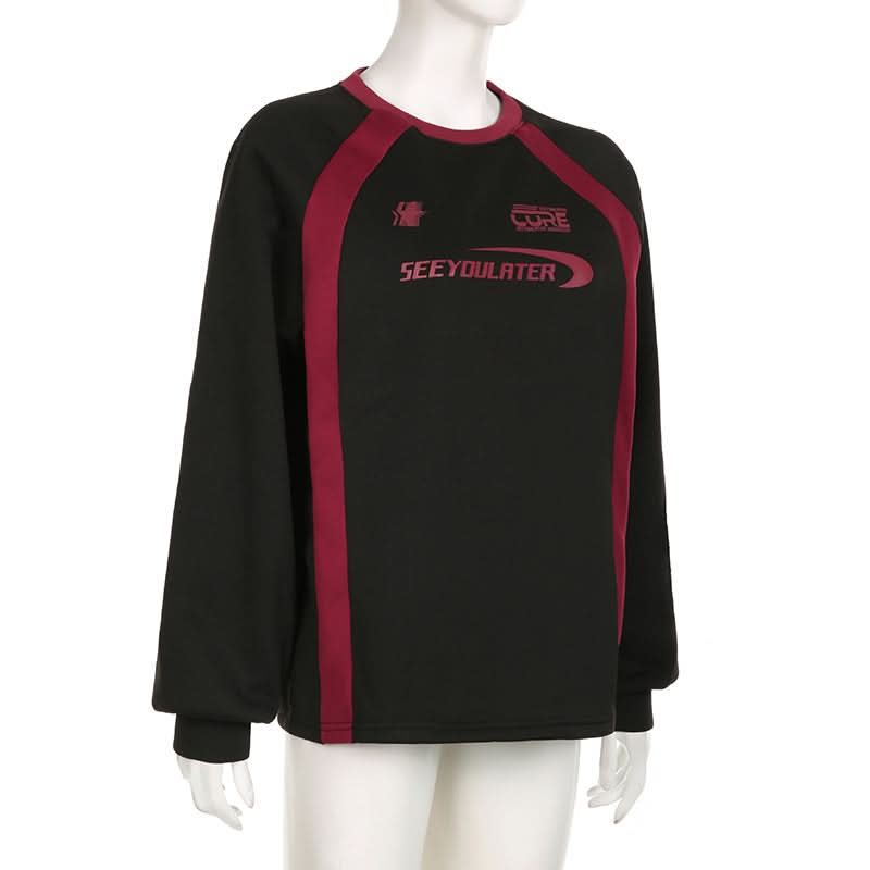 Cozy Fall Vibes: Women's 'SEE YOULATER' Graphic Athleisure Sweatshirt - Black & Burgundy Raglan Crewneck