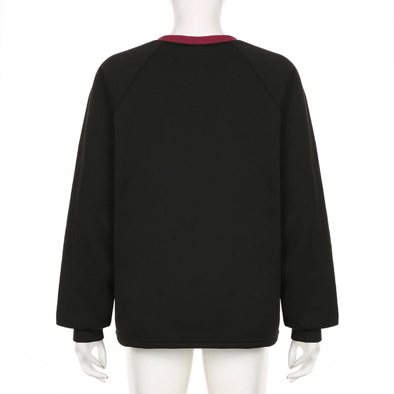 Cozy Fall Vibes: Women's 'SEE YOULATER' Graphic Athleisure Sweatshirt - Black & Burgundy Raglan Crewneck