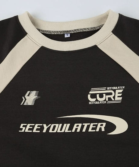 Cozy Fall Vibes: Women's 'SEE YOULATER' Graphic Athleisure Sweatshirt - Black & Burgundy Raglan Crewneck