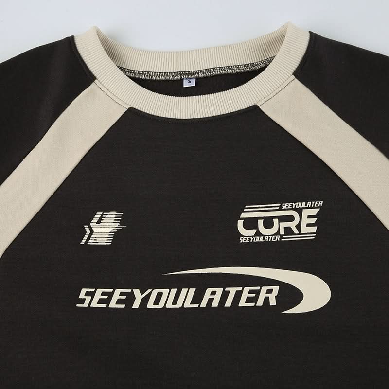 Cozy Fall Vibes: Women's 'SEE YOULATER' Graphic Athleisure Sweatshirt - Black & Burgundy Raglan Crewneck