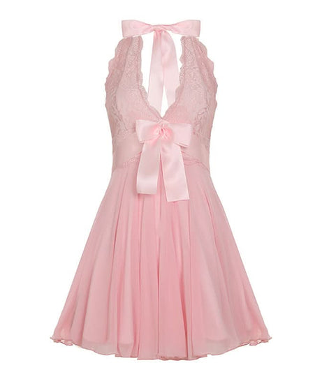 Dreamy Coquette Pink Lace Halter Mini Dress with Satin Bows