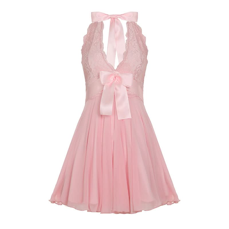 Dreamy Coquette Pink Lace Halter Mini Dress with Satin Bows