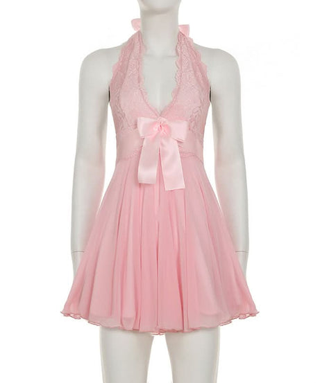 Dreamy Coquette Pink Lace Halter Mini Dress with Satin Bows