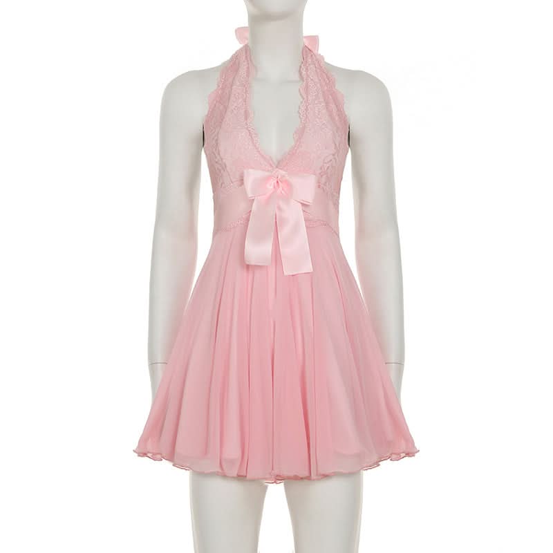 Dreamy Coquette Pink Lace Halter Mini Dress with Satin Bows