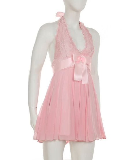 Dreamy Coquette Pink Lace Halter Mini Dress with Satin Bows