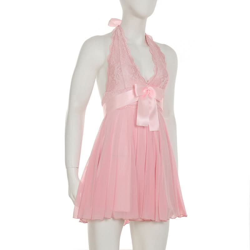 Dreamy Coquette Pink Lace Halter Mini Dress with Satin Bows