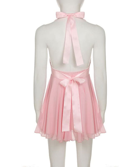 Dreamy Coquette Pink Lace Halter Mini Dress with Satin Bows