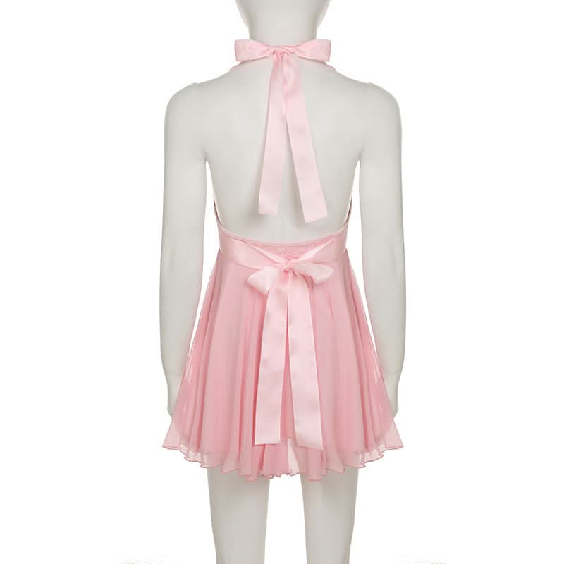 Dreamy Coquette Pink Lace Halter Mini Dress with Satin Bows