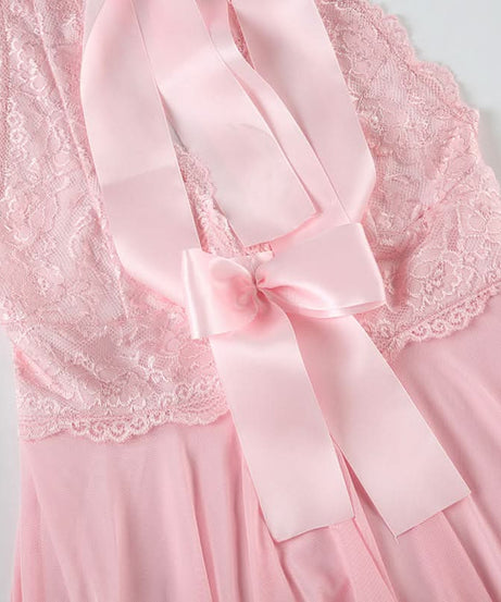 Dreamy Coquette Pink Lace Halter Mini Dress with Satin Bows