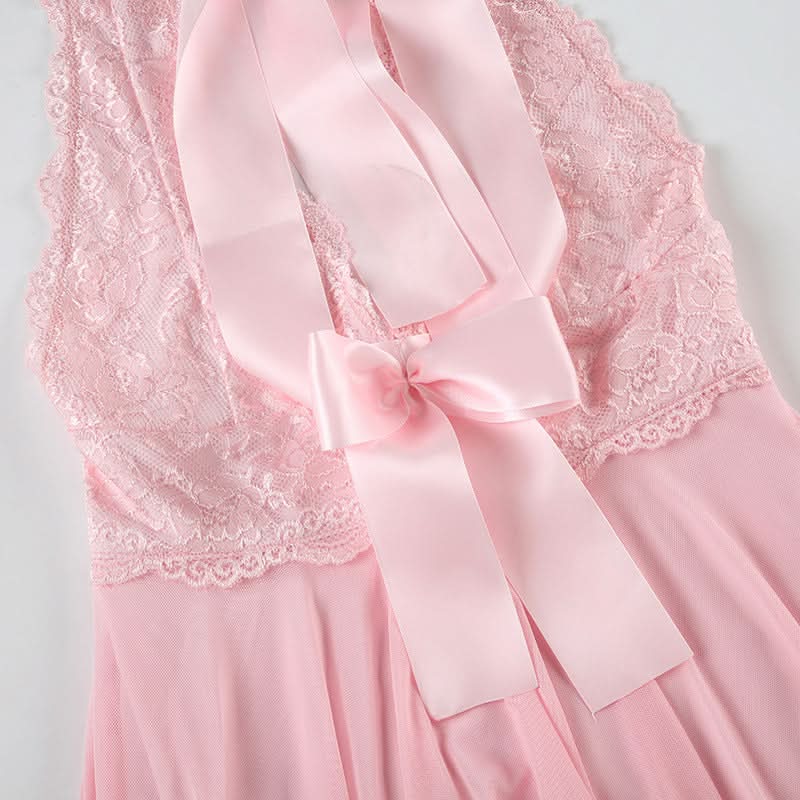 Dreamy Coquette Pink Lace Halter Mini Dress with Satin Bows