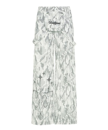 Edgy White Camo Cargo Pants with Gothic Stars | Women's Y2K Streetwear