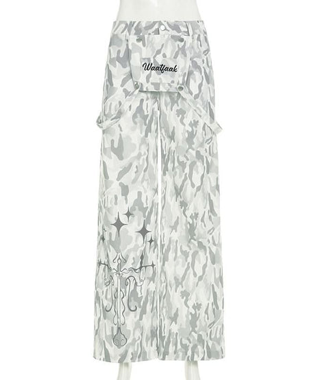 Edgy White Camo Cargo Pants with Gothic Stars | Women's Y2K Streetwear