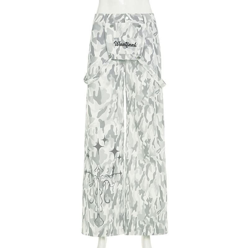 Edgy White Camo Cargo Pants with Gothic Stars | Women's Y2K Streetwear