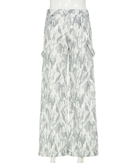 Edgy White Camo Cargo Pants with Gothic Stars | Women's Y2K Streetwear