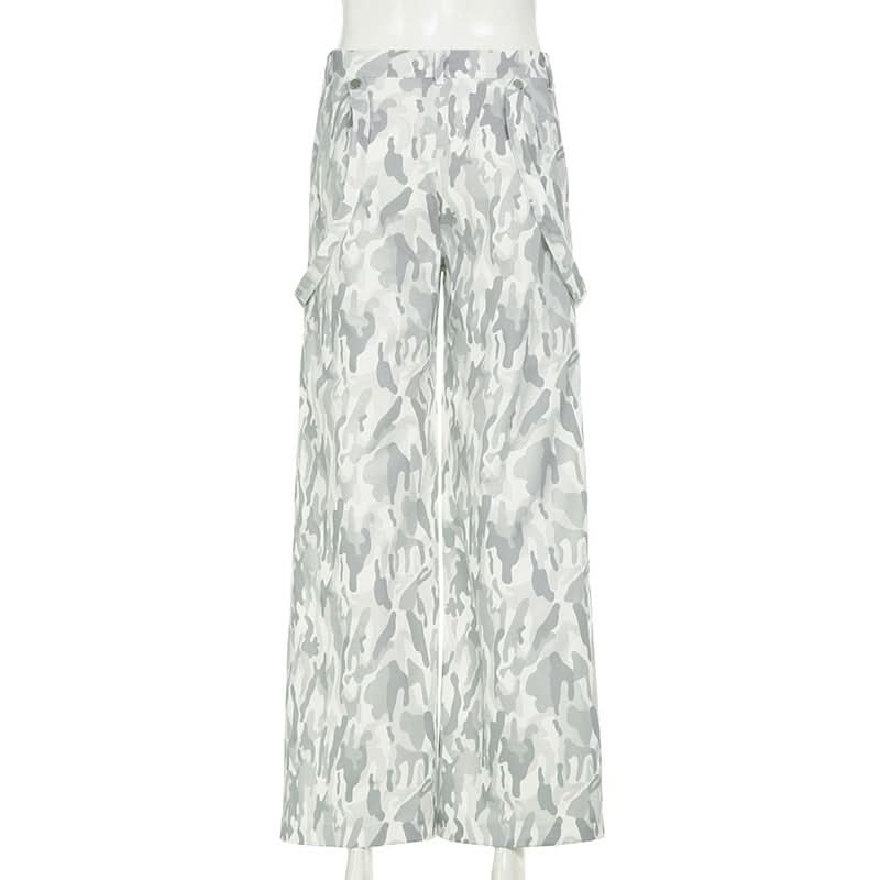 Edgy White Camo Cargo Pants with Gothic Stars | Women's Y2K Streetwear