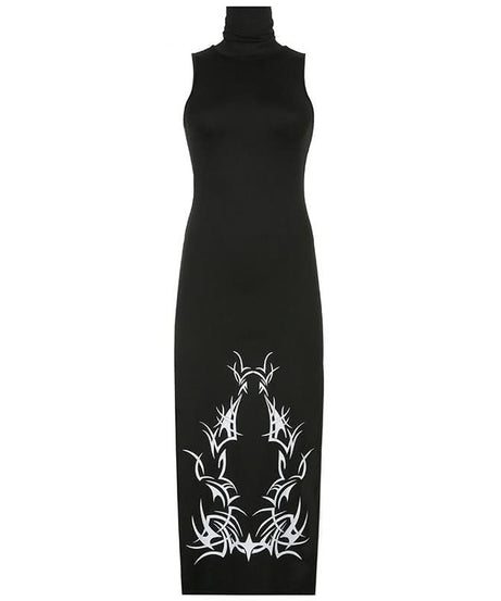 Elevated Edge: Black High-Neck Abstract Tribal Print Midi Dress - Fall's Must-Have Bodycon