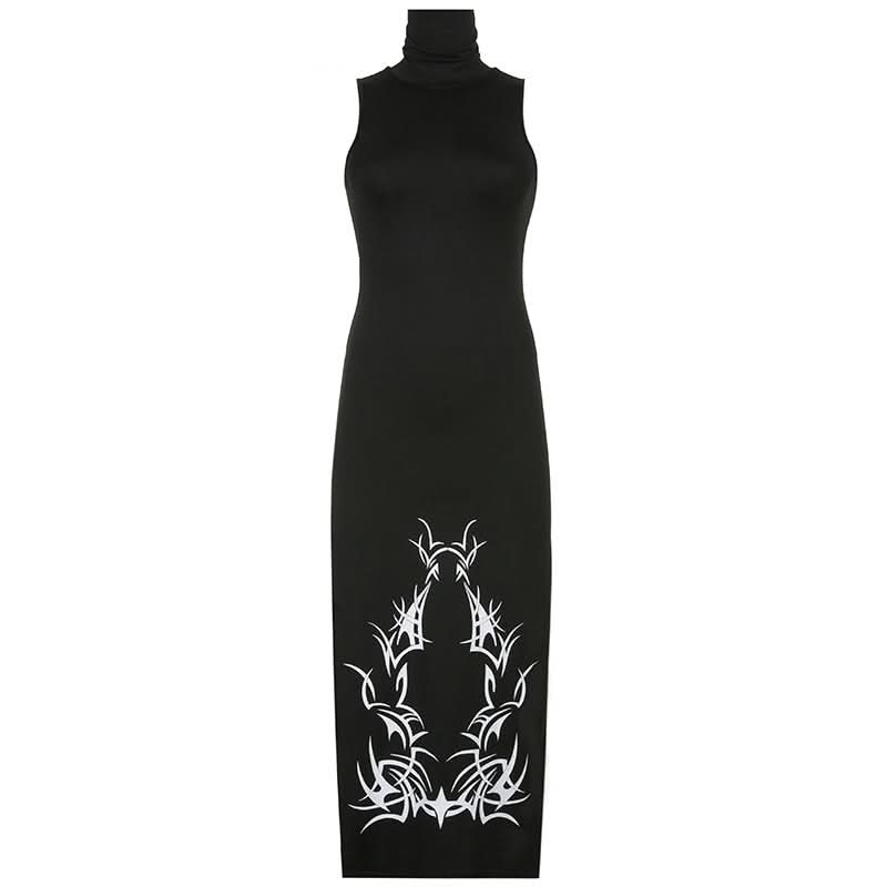 Elevated Edge: Black High-Neck Abstract Tribal Print Midi Dress - Fall's Must-Have Bodycon