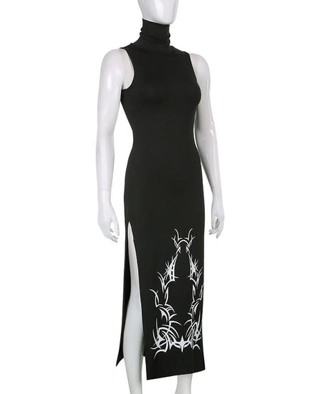 Elevated Edge: Black High-Neck Abstract Tribal Print Midi Dress - Fall's Must-Have Bodycon