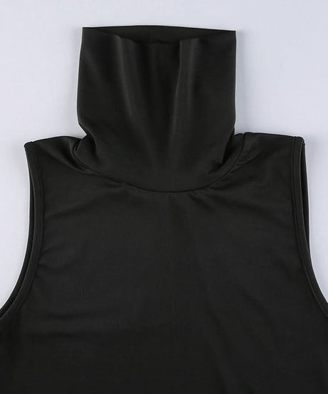 Elevated Edge: Black High-Neck Abstract Tribal Print Midi Dress - Fall's Must-Have Bodycon