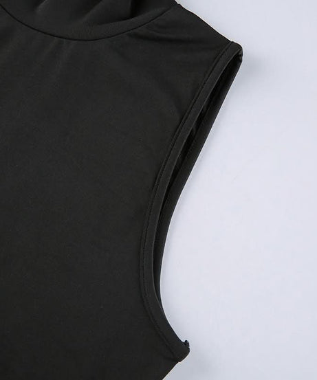 Elevated Edge: Black High-Neck Abstract Tribal Print Midi Dress - Fall's Must-Have Bodycon