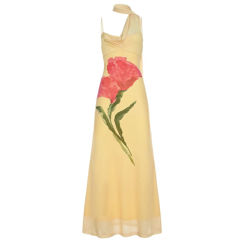 Golden Bloom Asymmetric Halter Maxi Dress - Chic Fall Resort Wear