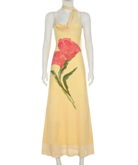 Golden Bloom Asymmetric Halter Maxi Dress - Chic Fall Resort Wear