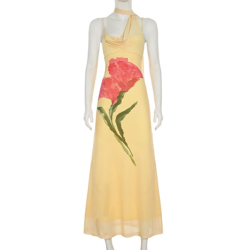 Golden Bloom Asymmetric Halter Maxi Dress - Chic Fall Resort Wear