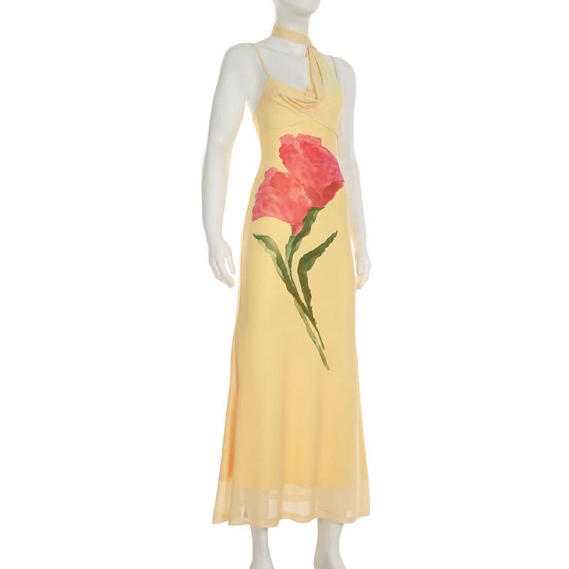 Golden Bloom Asymmetric Halter Maxi Dress - Chic Fall Resort Wear