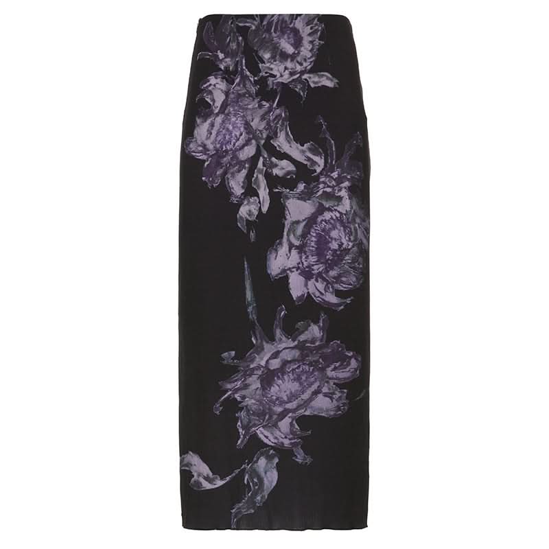 Elegant Fall Floral Midi Skirt | Black & Violet Autumn Bloom for Women