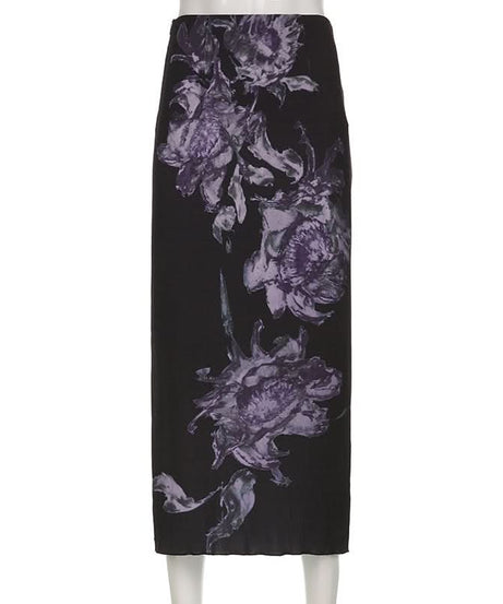 Elegant Fall Floral Midi Skirt | Black & Violet Autumn Bloom for Women
