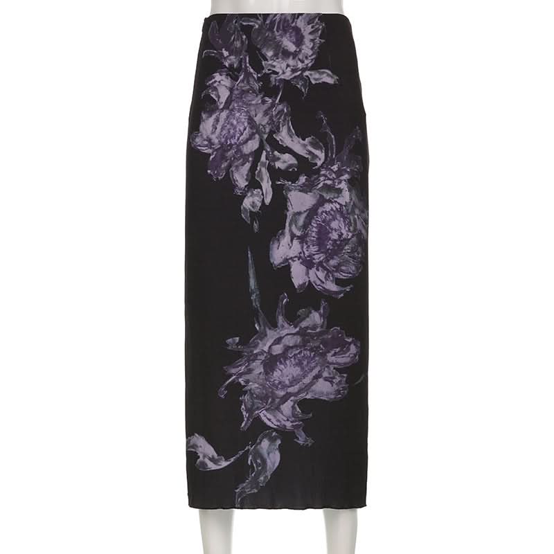 Elegant Fall Floral Midi Skirt | Black & Violet Autumn Bloom for Women