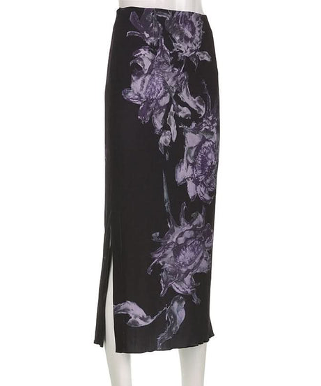 Elegant Fall Floral Midi Skirt | Black & Violet Autumn Bloom for Women