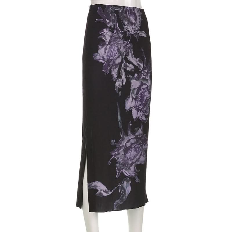 Elegant Fall Floral Midi Skirt | Black & Violet Autumn Bloom for Women
