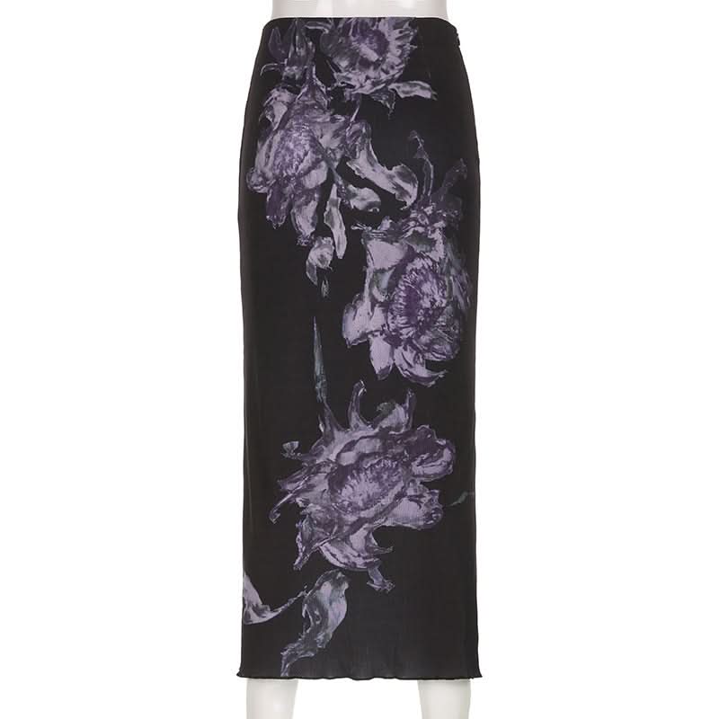 Elegant Fall Floral Midi Skirt | Black & Violet Autumn Bloom for Women