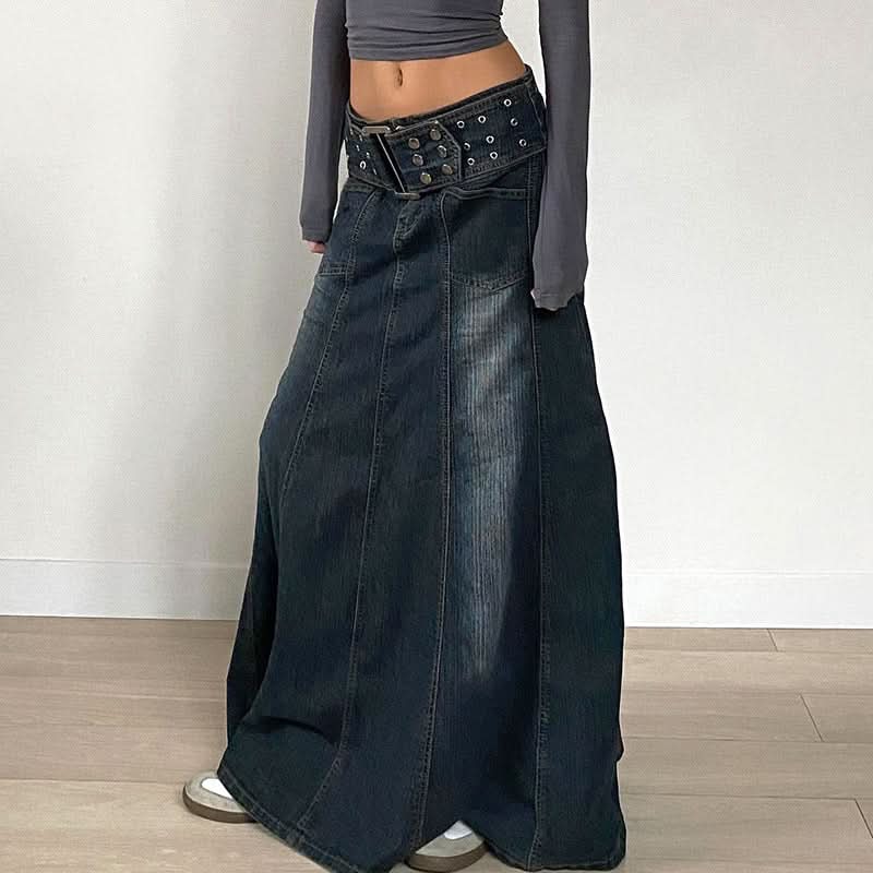 Y2K Revival Dark Wash Denim Maxi Skirt with Statement Studded Belt – Fall 2025 Must-Have