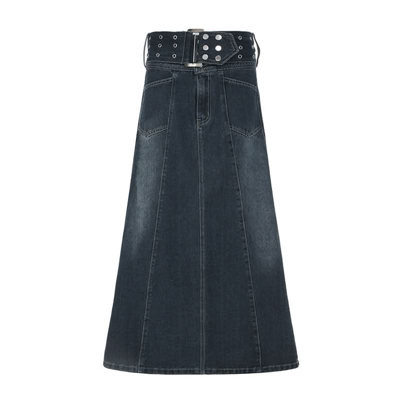Y2K Revival Dark Wash Denim Maxi Skirt with Statement Studded Belt – Fall 2025 Must-Have