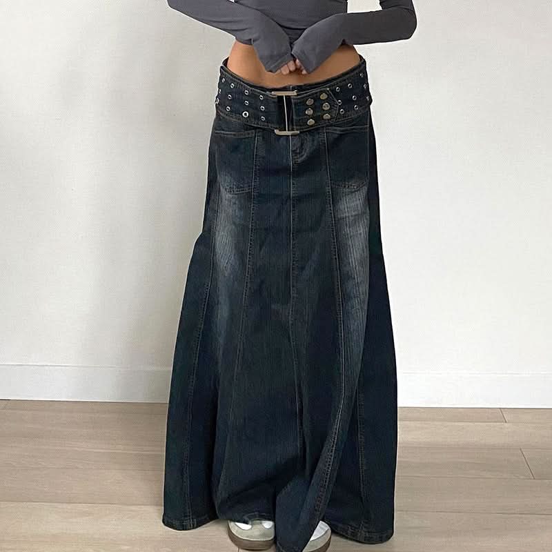 Y2K Revival Dark Wash Denim Maxi Skirt with Statement Studded Belt – Fall 2025 Must-Have